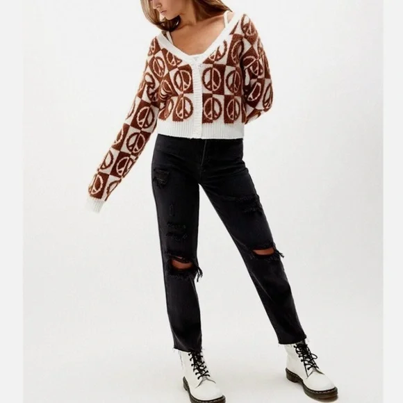 NEW peace sign cardigan by LA Hearts from Pacsun brown & cream very soft xs - Picture 11 of 11